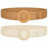 SUOSDEY 2 Stück Stroh gewebter elastischer Stretch-Taillengürtel für Frauen Sommer Boho Wide Waist Dress Band Geflochtene Gürtel, Braun+Beige