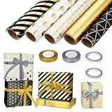 YSWOVUO Geschenkpapier 5 Rollen 300cmx43cm für Valentinstag, Geburtstag, Hochzeit, Taufe und Party - Mit 2 Bänder und 2 Klebeband