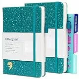 Ottergami Tagebuch-Set, gepunktet, Hardcover, 150 g/m², gepunktetes Notizbuch, A5, Punktraster, Punktraster, 2 Stück, mit Schablonen, Rückentasche und Stifthalter, Grün gesprenkelt