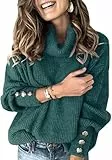 Wenrine Damen Rollkragen Pullover Oversized Winter Langarm Strickpullover Casual Warm Pulli Lose Gestrickt Sweater mit Metallknöpfen(Grün, S)