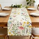 Tischläufer mit Blumenmuster, Frühlings-Tischläufer für Esstische, Frühlings- und Sommer-Tischdekoration, Tischläufer für Küche, Party, maschinenwaschbar, Tischdecke aus Leinen-Mischgewebe, für