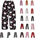 Pyjama Hose Damen Mädchen Kinder Schlafanzug Flanell Lang Casual Bequeme Frauen Schlafanzughosen Cute Kawaii Y2K Cartoon Anime Pyjamas Schlafhose Hosen Weich Sommer Weihnachten Halloween Schwarz XS