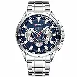 Curren 8363 Herrenuhr Quarz Uhr mit DREI Hilfszifferblättern Datumsanzeige Blaues Gehäuse Armband, Silberfarben., 22, Sport