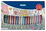 Stylex 23384 - Glitter Glue im farbenfrohen Set mit 24 Tuben á 10 g, lösungsmittelfrei und auswaschbar, Klebstoff mit tollen Glitzerpartikeln zum kreativen Basteln und Gestalten