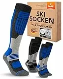 sockenkauf24 Herren Merino Skisocken 47-50 (2 Paar) Thermo Winter Kniestrümpfe mit Polsterung für Ski und Snowboard (Schwarz/Blau)