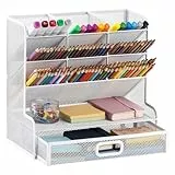 Marbrasse Netz-Schreibtisch-Organizer,Multifunktionaler Stiftehalter,Organizer Schreibtisch,Aufbewahrungs Regal für Schul und Heim Büro Bedarf (Weiß mit Schublade)