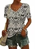 MOLERANI Tshirt Damen Kurzarm Sommer Tops V-Ausschnitt Mode Blusen Boho Floral Black 2XL