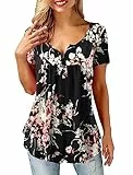 Florboom T Shirt Damen Sommer Kurzarm V Ausschnitt Bluse Loose Blumendruck Longshirt Schwarz XL