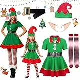 Shinybox Weihnachtself Kostüm Set, 5 Stück Weihnachtselfen Kostüm Kinder mit Kleid, Hüte, Socken, Gürtel, Elfenohren, Kostüm Elfe Kinder Karneval und Cosplay Geschenke für Halloween-Kostüme(130)