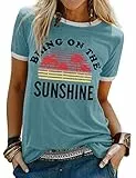 WIEIYM Damen Sommer T-Shirt Kurzarm Rundhals Tee Shirts für Frauen Bring On The Sunshine Tshirt Tops Brief Gedruckt Tee-Shirt(Blau Grün, M)
