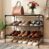 LINKINNO Schuhregal mit 3 Ebenen, Stapelbar Schuhregal aus Metall für 12 Paar Schuhe für Wohnzimmer, Flur, Schlafzimmer (70 x 30 x 45 cm, Schwarz) (BLACK)