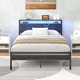 HOJINLINERO Bettrahmen aus Metall Holz,Bettgestell Metallbett 120x200 mit Lattenrost mit USB Ladefunktion und LED Beleuchtung,Doppelbett Gästebett Jugendbett mit Stauraum Kopfteil,Bett 120x200 Schwarz