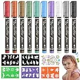 Deepton 10 Stück Tattoo Stifte Kinder, Temporäre Tattoostifte mit Schablonen und Glitzersteine Selbstklebend, Glitzer Tattoo Set für Fasching Halloween Geburtstage Party