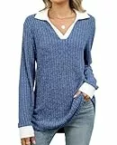 BAISHENGGT Damen Strickpullover Farbe Kontrast T Shirt Freizeit V Ausschnitt Langarm Gerippte Pulli Tee Tops Blau XL