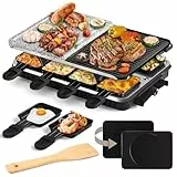 HengBO Raclette 8 Personen-Raclette Grill mit Steinplatte und Umkehrbares Grillplatte Raclettes mit Antihaft-Beschichtung Grillplatte und 8 Pfännchen Elektrogrill Raklettgerät für 6-10 Personen,1300 W