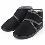 TIESTRA Warm Hausschuhe Herren Winter Lammfell Senioren Hausschuhe Breiter Fuß Filzpantoffeln Mit Memory Foam Sohle,Filz Herrenhausschuhe Mit Klettverschluss,Schwarz 46
