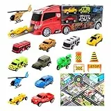 deAO Transport Truck Spielzeugautos, Träger LKW Fahrzeuge Spielzeug Set für Kinder mit 10 Autos 2 Hubschrauber, Tragbares Rennbahn Truck Spielzeugauto ab 3 Jahre Junge Mädchen