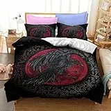 RFFLUX Wikinger Bettwäsche 155x220 cm 3teilig mit Reißverschluss 3D Wikinger Krähe Bettwäsche Sets Warme Winter Sommer Weich und Angenehme Bettbezüge mit 2 Kissenbezug 80x80 cm für Teenager