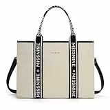 Missnine Tragetasche Canvas-Laptoptasche 15,6 Zoll Handtasche Damen Aktentasche für Damen große Kapazität Handtasche für Büro Schule Reisen Schwarz Beige