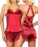 RSLOVE Satin Schlafanzug Damen Sexy - Silk Pyjama Set Kurz 2-Teiliges Nachtwäsche Rot L