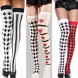 THXFUNAREA 3 Paar Halloween Overknee Socken Damen – Gestreifte & Karierte Kniestrümpfe in Weiß Schwarz Rot, Lange Strümpfe für Clown Kostüm, Pantomime Kostüm & Karneval