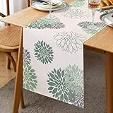 Tischläufer Grün Grau Leinen Dahlie Blume 40x140cm Tischläufer Modern Attraktiv Bauernhaus Blumentisch Mitte Dekor Frühling Sommer Tischläufer für Wohnzimmer Home Essparty Eingang Terrasse