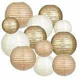 12 Stück Gold Cream und Khaki Papier Laterne,Runde Papierlaterne für Braut Hochzeitsdekorationen Geburtstagsfeier Gartenparty Deko