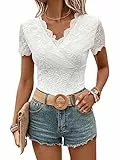 GORGLITTER Damen Body Spitzen Bodysuit Muscheln Oberteil Elegant Spitzenbody Trachtenbody Party Bodys mit V-Ausschnitt Weiß M