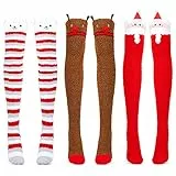 Qpout 3 Paar Weihnachts Über Das Knie Socken,Thermo Fleece Stulpen, Rentier Weihnachtsmann Bär Fuzzy Socken,Flauschige Warme Salon Socken Süße Heim Socken Für Den Winter