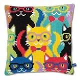 Vervaco Kreuzstich Stickpackungen Kissen Stickerei Set Anfänger Vorgedruckt Lutige Katzen DIY Set Kreativ Set Für Erwachsene Dekoratives Kissen ca. 40 x 40 cm Bastelset Handwerker Haus Dekoration