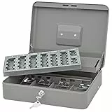 Wedo 149858012 Geldzählkassette Standard Plus, Fassungsvermögen € 137,60 Hartgeld, Sicherheitsschloss, 4-Fächereinsatz für Scheine, Tragegriff, 30 x 24 x 9 cm, pulverbeschichtetes Stahlblech, grau