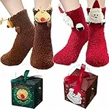 BINXWA Weihnachtsgeschenke für Frauen lustige socken, Flauschige socken Geschenk für frauen, Kuschelsocken Antirutschsocken damen, Weihnachten stoppersocken damen warm mit Geschenkbox