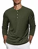 TARAINYA Henley Shirt Herren Baumwolle T-Shirt Langarm Einfarbig mit 3 Knopfleiste Armeegrün L