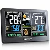 Newentor Wetterstation Funk mit Außensensor - Funkwetterstation mit Wettervorhersage, Temperaturwarnung, DCF Funkuhr - Batteriebetrieb und Netzbetrieb, Schwarz