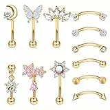 Kakonia Curved Barbell Piercing Gold - 12 Stück Augenbrauen Bauchnabel Nasen Edelstahl Tragus Helix Knorpel Lippen Schmuck für Damen