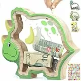 DBPBToU Spardose Kinder aus Holz Spardose Dino, Sparschwein Durchsichtig für Kinder, Sparbox Personalisierte (Triceratops und Aufkleber)