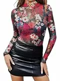 SEBOWEL Mesh Oberteil Damen Blumen Mesh Top Netzshirt Durchsichtige Bluse Transparent Shirt Festival Outfit Roserot M