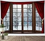 LB Wandteppich Schneewald Wandtuch Verschneite Bäume Außerhalb des Holzfensters Wandbehang Winterlandschaft Tapisserie für Wohnzimmer Schlafzimmer Wohnheim Wanddeko,235x180 cm