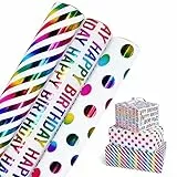Geschenkpapier Rolle, Geschenkpapier Set 3 Rollen, Bunte Glitzernde Geburtstagspapier Geschenkverpackung für Geburtstag Weihnachten Valentinstag, Happy Birthday Geschenkpapier, 43cm x 3m Je Rolle