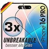 UTECTION 3X Panzerfolie [Besser als Glas] für iPhone 16 PRO - Unzerstörbarer Displayschutz - Perfekte passform - Schutzfolie mit ALLEN Hüllen kompatibel - Super Haptik & Kinderleichte Anbringung