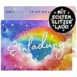 JOYEASE 12 Stück Glitzer Regenbogen Einladungskarten Kindergeburtstag Mädchen, Einladungskarten Geburtstag, Einladung Kindergeburtstag Mädchen, Partyeinladungen Geburtstagseinladungen Kinder