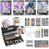 Zenacolor Malkoffer für Erwachsene (XXL) - Malset Holzkoffer 150-tlg. für Künstler - Komplettset Zeichnen und Malen - Pastellkreide, Acrylfarben, Wachsmalstifte, Aquarellfarben, Bleistifte- 4 Blöcke