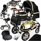 KESSER® Loops 4 in 1 Kinderwagen Kombikinderwagen Komplett-Set inkl. Babywanne & Buggy Sportsitz & Auto-Babyschale Voll-Gummireifen Wickeltasche Regenschutz Kindertisch ECE R129, Schwarz/Champagne
