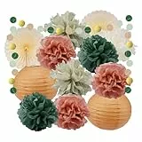 13 Stück Seidenpapier Pompons Papierlaternen Und Hängende Papier Girlande, Pompons Deko, Waldgrün Gartenparty Deko, Wiederverwendbare Geburtstagsdeko Für Hochzeit, Babyparty, Abschlussball, Geburtstag