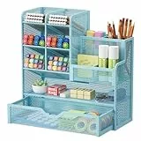 Marbrasse Netz Schreibtisch-Organizer,Multifunktionaler Stiftehalter mit Schublade,Aufbewahrung Regal für Schul Heim Büro Bedarf (Blau)