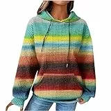 EMATOP Damen Baumwolle Hoodie Causal Langarm Kapuzenpullover Herbst Winter Warm Pullover Vintage Bunte Print Sweatshirt mit Kapuze Pulli Oberteile Mode Waffel Kapuzenpulli mit Taschen Outwear