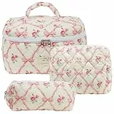 CHAMAIR Kosmetiktasche, 3-teilig, gesteppt, Kosmetiktasche, groß, Kosmetiktasche, ästhetisches Blumenmuster, Kulturbeutel, Baumwolle, Reise-Hautpflege-Tasche für Damen, Mädchen, Stil B97,