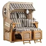 MR. DEKO® Strandkorb Düne Teak 2-Sitzer Bullauge | PE Geflecht Shell | Volllieger Strandstuhl verstellbar | inkl. 4 Kissen Wechselpolster | Strandkörbe fertig montiert aus Teakholz | (Dessin 537)