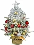 Mini Weihnachtsbaum Künstlich mit LED, 45cm Kleiner Weihnachtsbaum Geschmückt mit Kunstschnee und Ornamenten, Mini Tannenbaum für Weihnachten Deko(Rot Silber)
