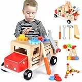Werkzeugkoffer Kinder Werkbank, Montessori Holzspielzeug Kinderwerkzeug ab 2 3 4 Jahre, Spielzeug Werkzeugkasten Lernspiele Werkzeug Koffer Kinder Werkzeugwagen Geschenk Junge Mädchen 2 3 4 Jahre